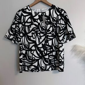J.Crew Satin Graphic Black and White (Painter Print) Short Sleeve Blouse